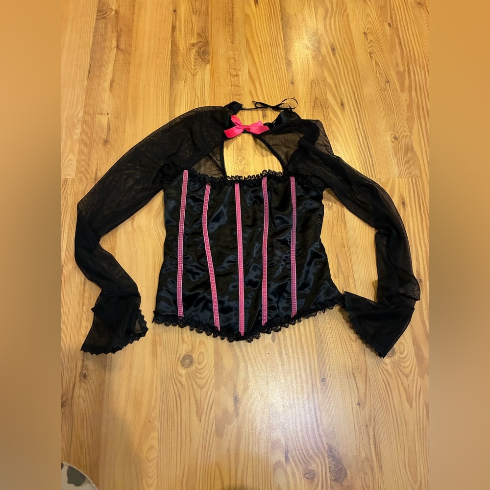 Vintage Y2K Frederick's of Hollywood Black Satin Corset Top Pink Mesh Sleeves